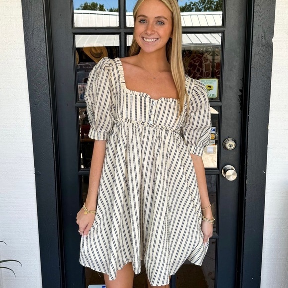 Sofie The Label Dresses & Skirts - Striped Square-Neck Puff Sleeve Mini Dress - Cream/Black